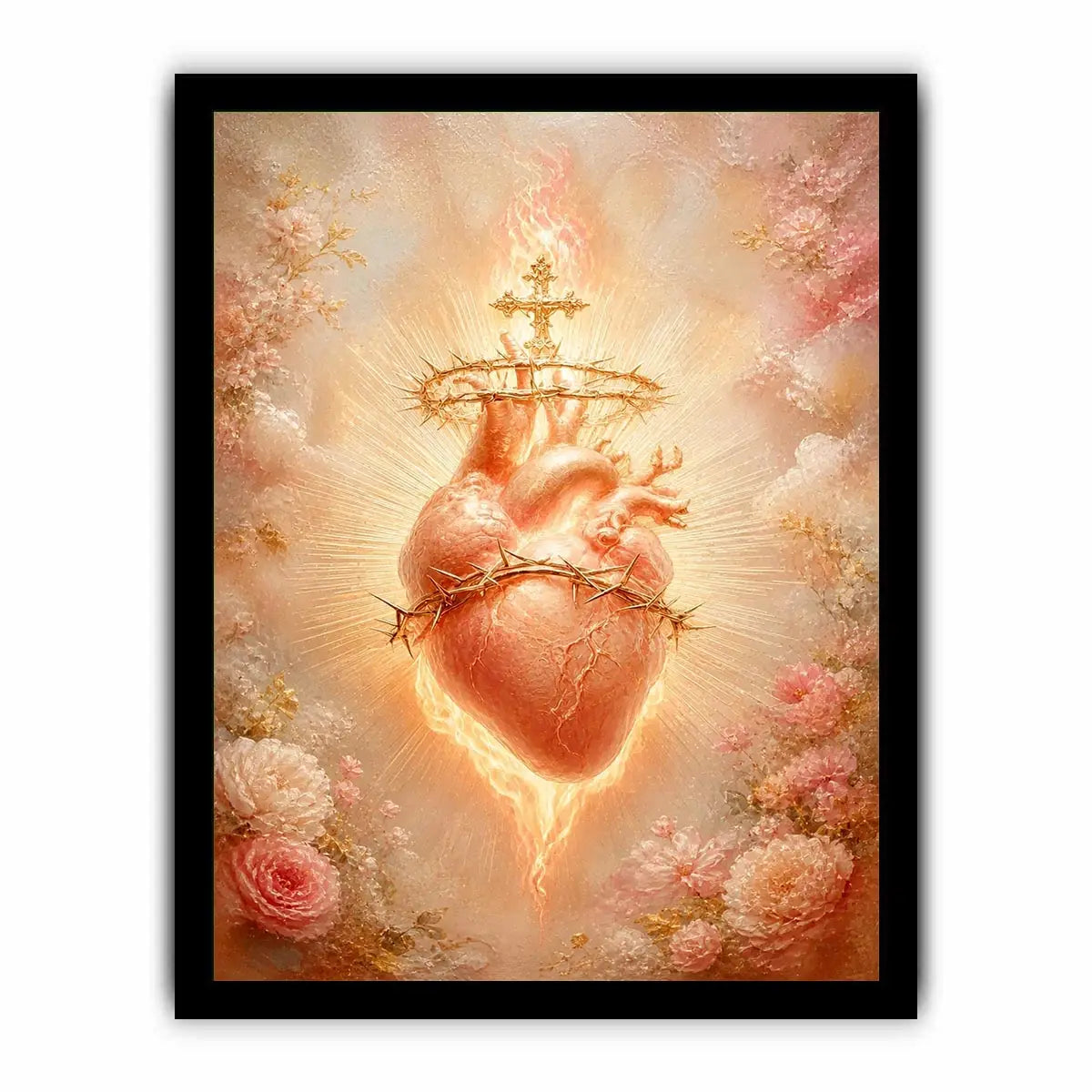 Blush Sacred Heart surrounded by pink flowers and radiant golden light in romantic renaissance style religious wall art canvas print