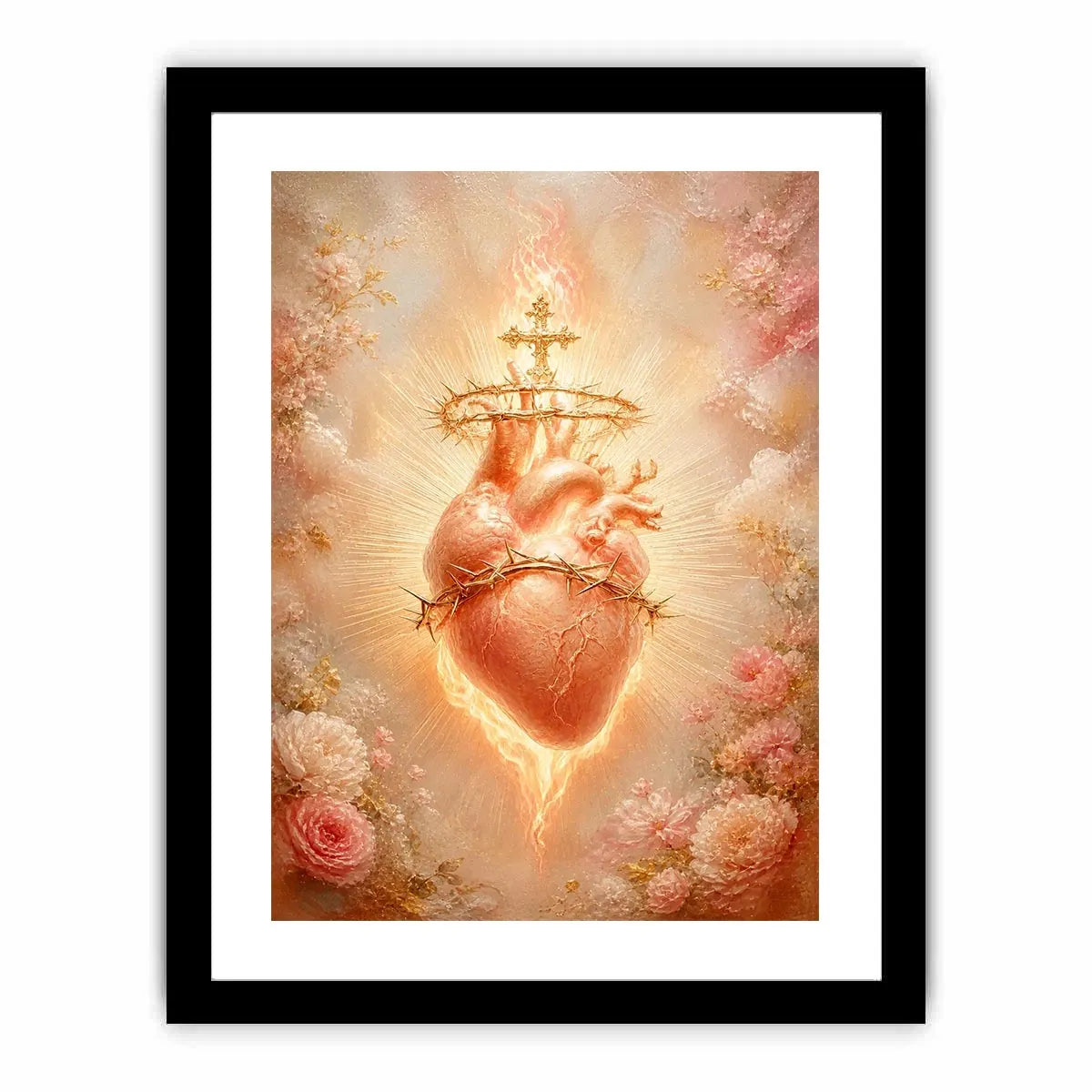 Blush Sacred Heart surrounded by pink flowers and radiant golden light in romantic renaissance style religious wall art canvas print