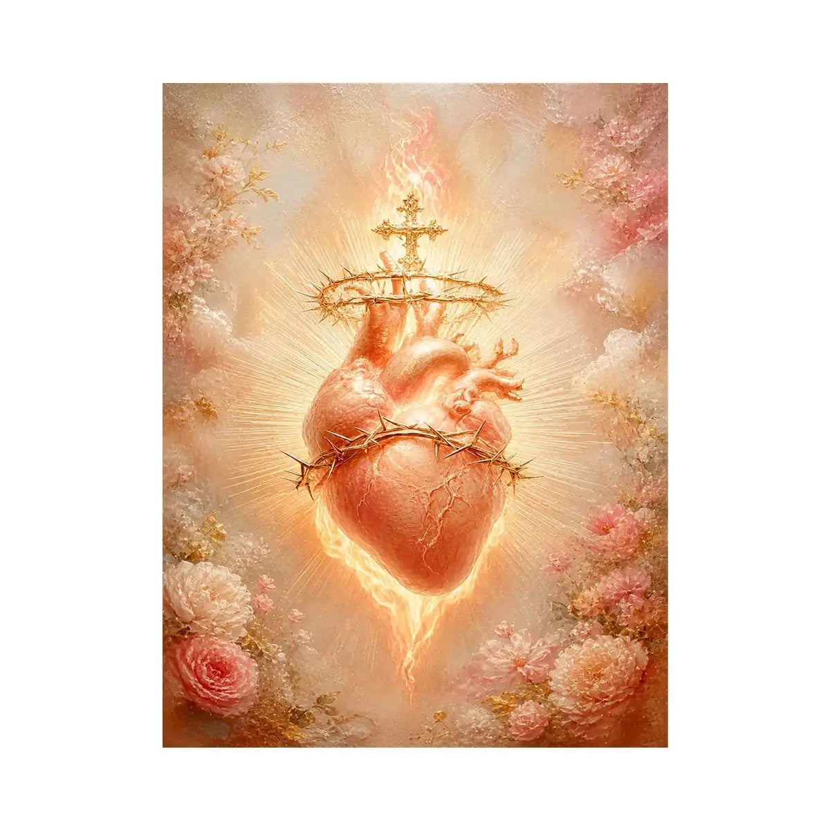 Blush Sacred Heart surrounded by pink flowers and radiant golden light in romantic renaissance style religious wall art canvas print