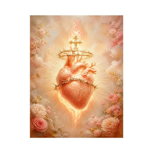 Blush Sacred Heart surrounded by pink flowers and radiant golden light in romantic renaissance style religious wall art canvas print