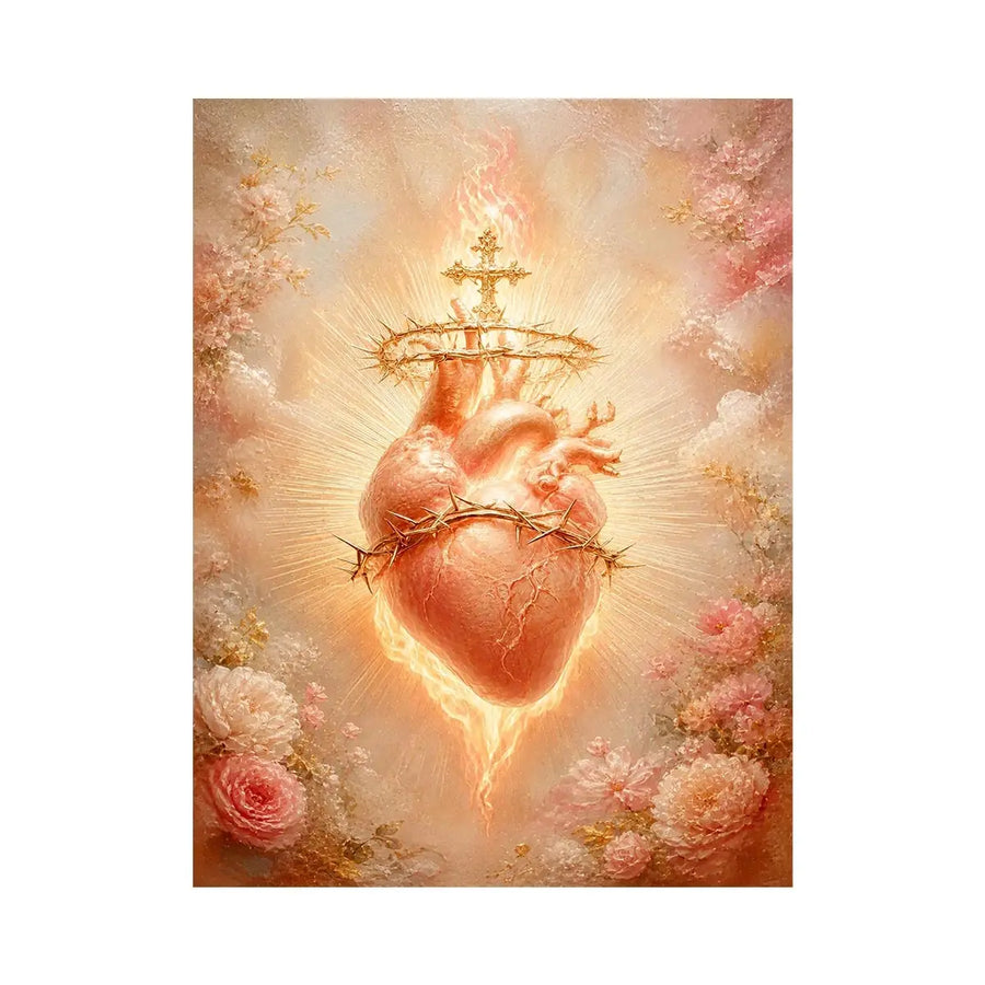 Blush Sacred Heart surrounded by pink flowers and radiant golden light in romantic renaissance style religious wall art canvas print