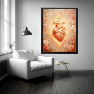 Blush Sacred Heart surrounded by pink flowers and radiant golden light in romantic renaissance style religious wall art canvas print