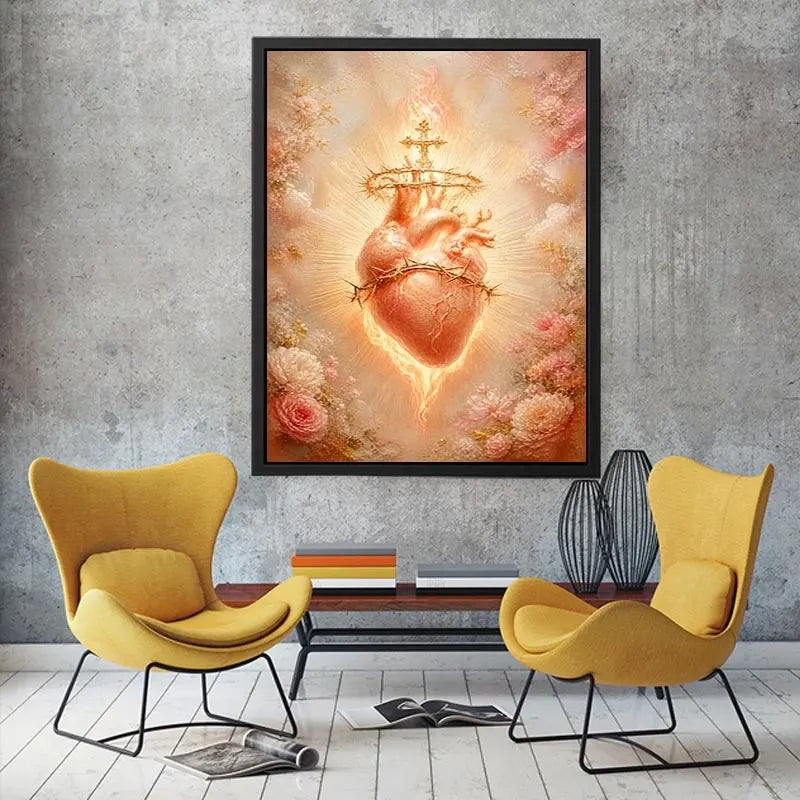 Blush Sacred Heart surrounded by pink flowers and radiant golden light in romantic renaissance style religious wall art canvas print