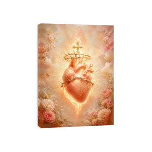 Blush Sacred Heart surrounded by pink flowers and radiant golden light in romantic renaissance style religious wall art canvas print