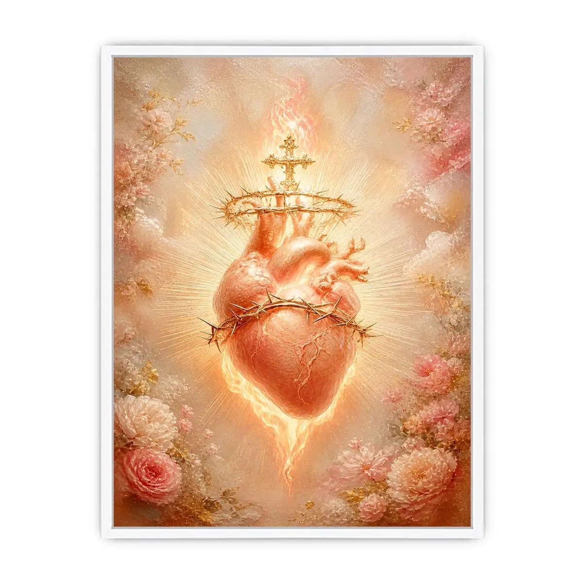 Blush Sacred Heart surrounded by pink flowers and radiant golden light in romantic renaissance style religious wall art canvas print