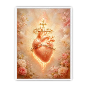 Blush Sacred Heart surrounded by pink flowers and radiant golden light in romantic renaissance style religious wall art canvas print