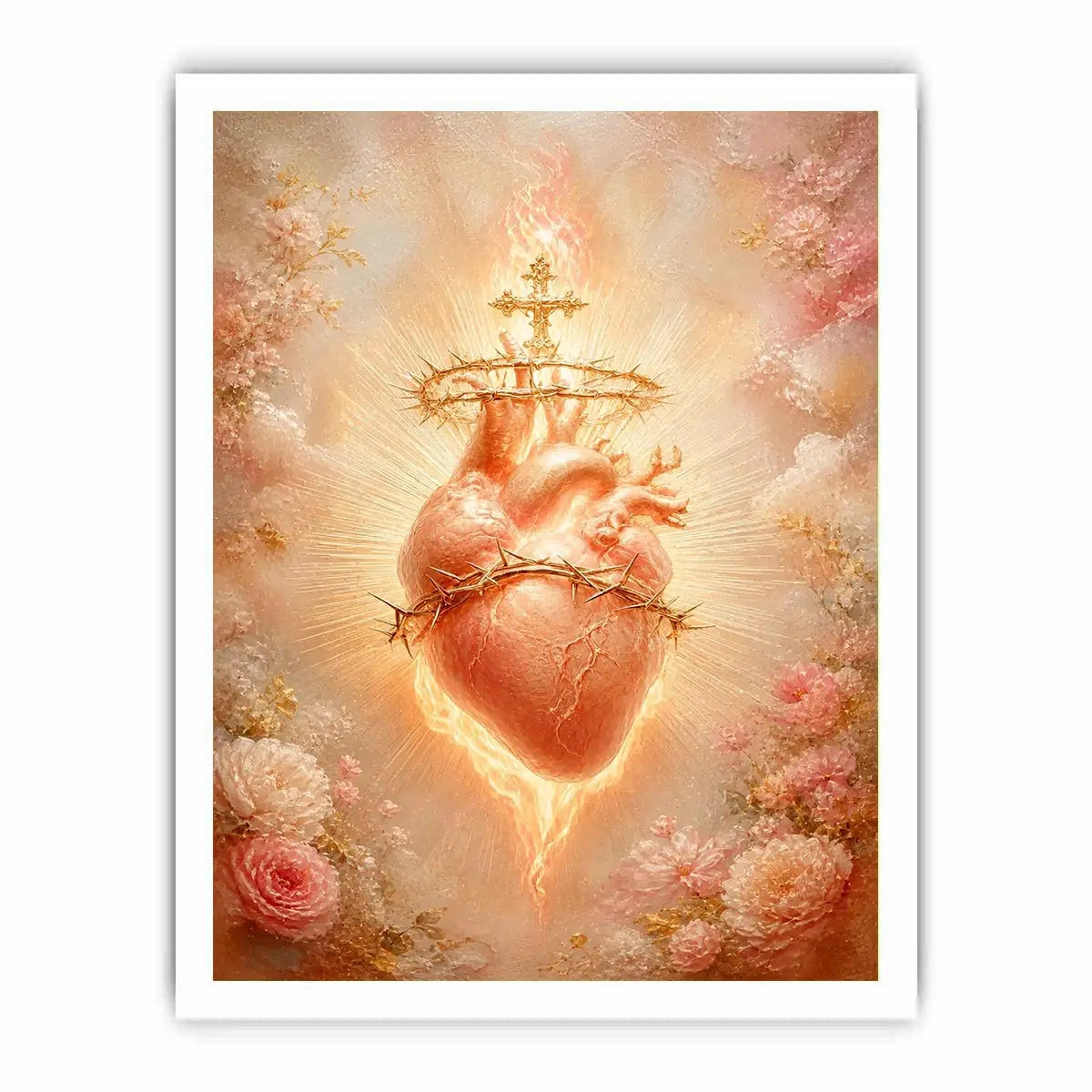 Blush Sacred Heart surrounded by pink flowers and radiant golden light in romantic renaissance style religious wall art canvas print