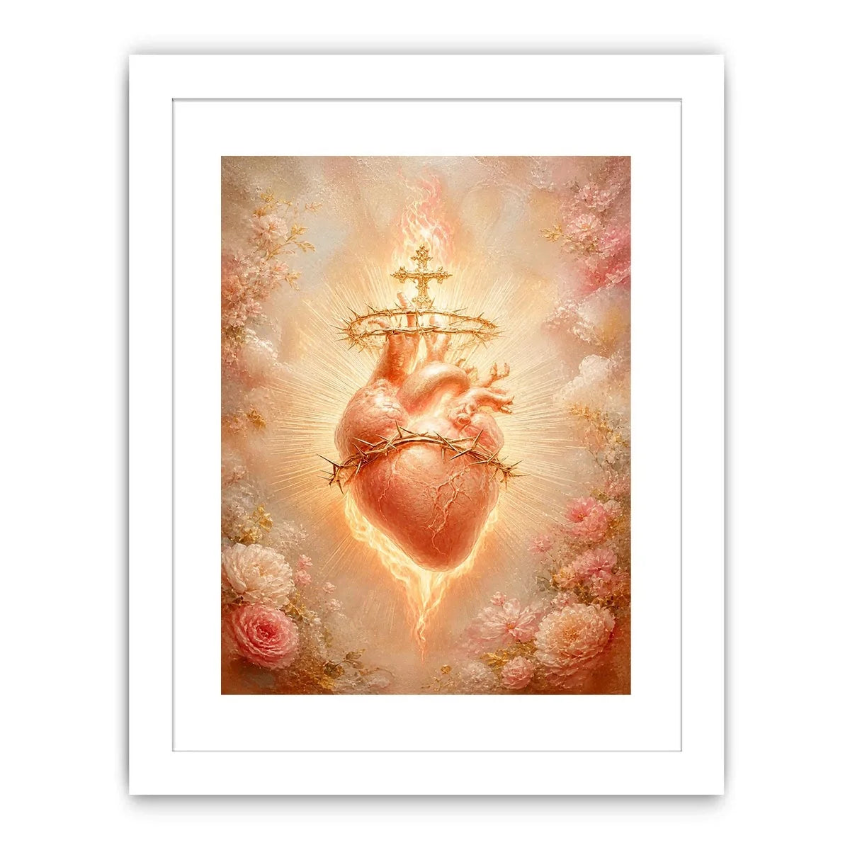 Blush Sacred Heart surrounded by pink flowers and radiant golden light in romantic renaissance style religious wall art canvas print