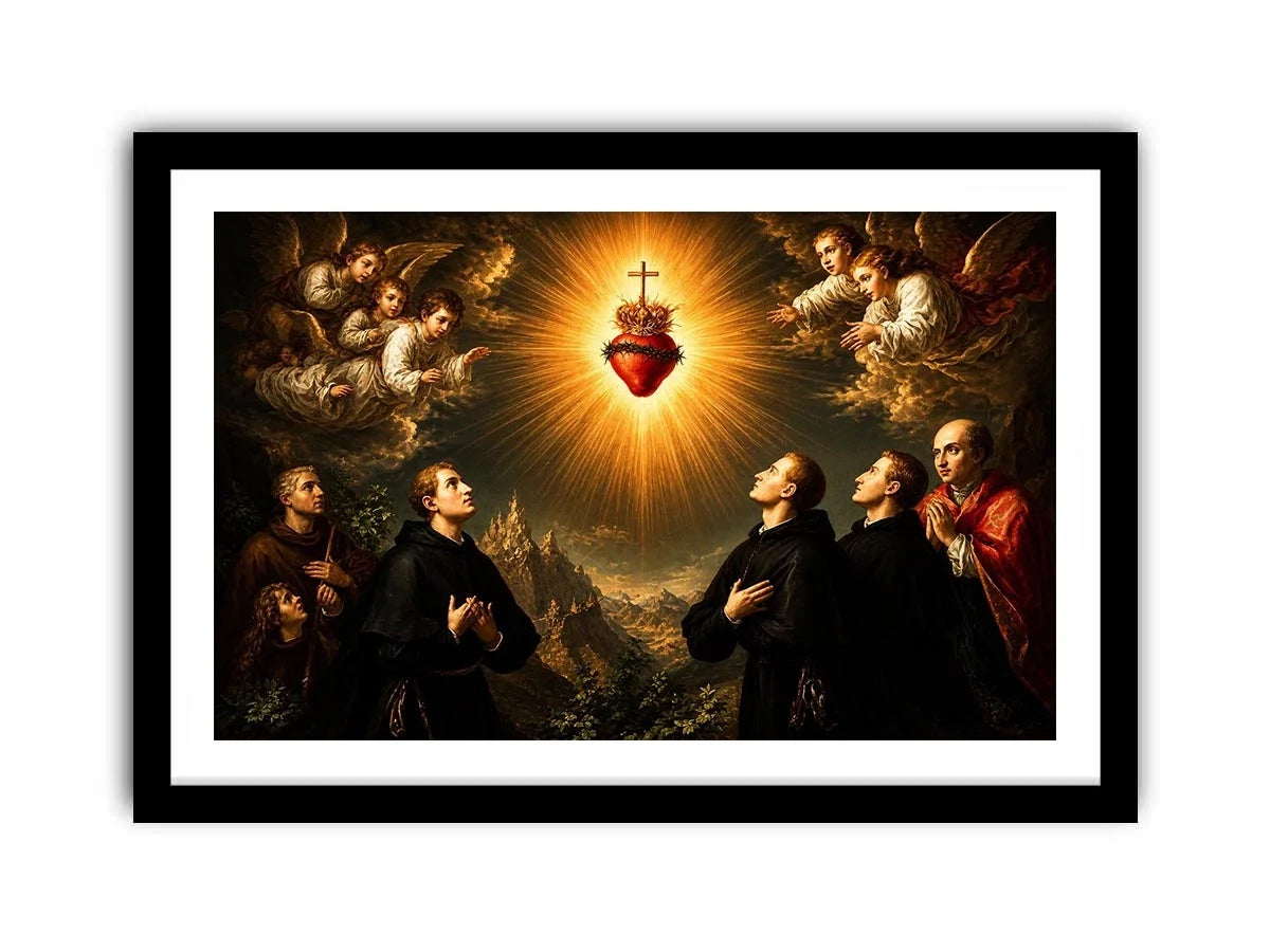 Radiant Sacred Heart surrounded by angels and saints in heavenly golden light baroque renaissance religious wall art canvas print