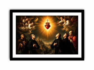 Radiant Sacred Heart surrounded by angels and saints in heavenly golden light baroque renaissance religious wall art canvas print
