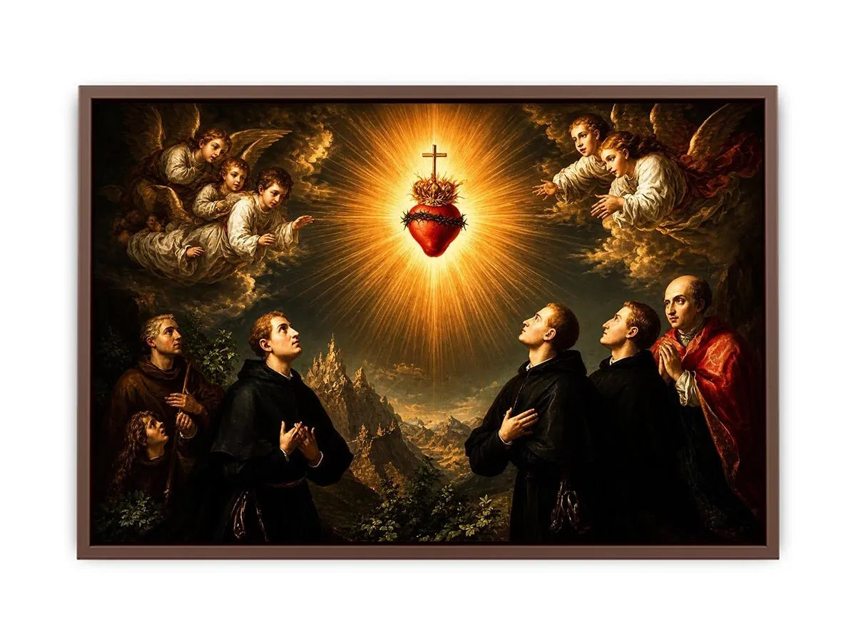 Radiant Sacred Heart surrounded by angels and saints in heavenly golden light baroque renaissance religious wall art canvas print