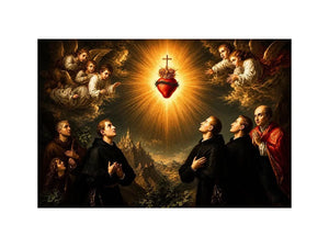 Radiant Sacred Heart surrounded by angels and saints in heavenly golden light baroque renaissance religious wall art canvas print