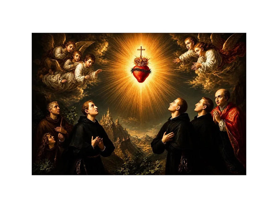 Radiant Sacred Heart surrounded by angels and saints in heavenly golden light baroque renaissance religious wall art canvas print