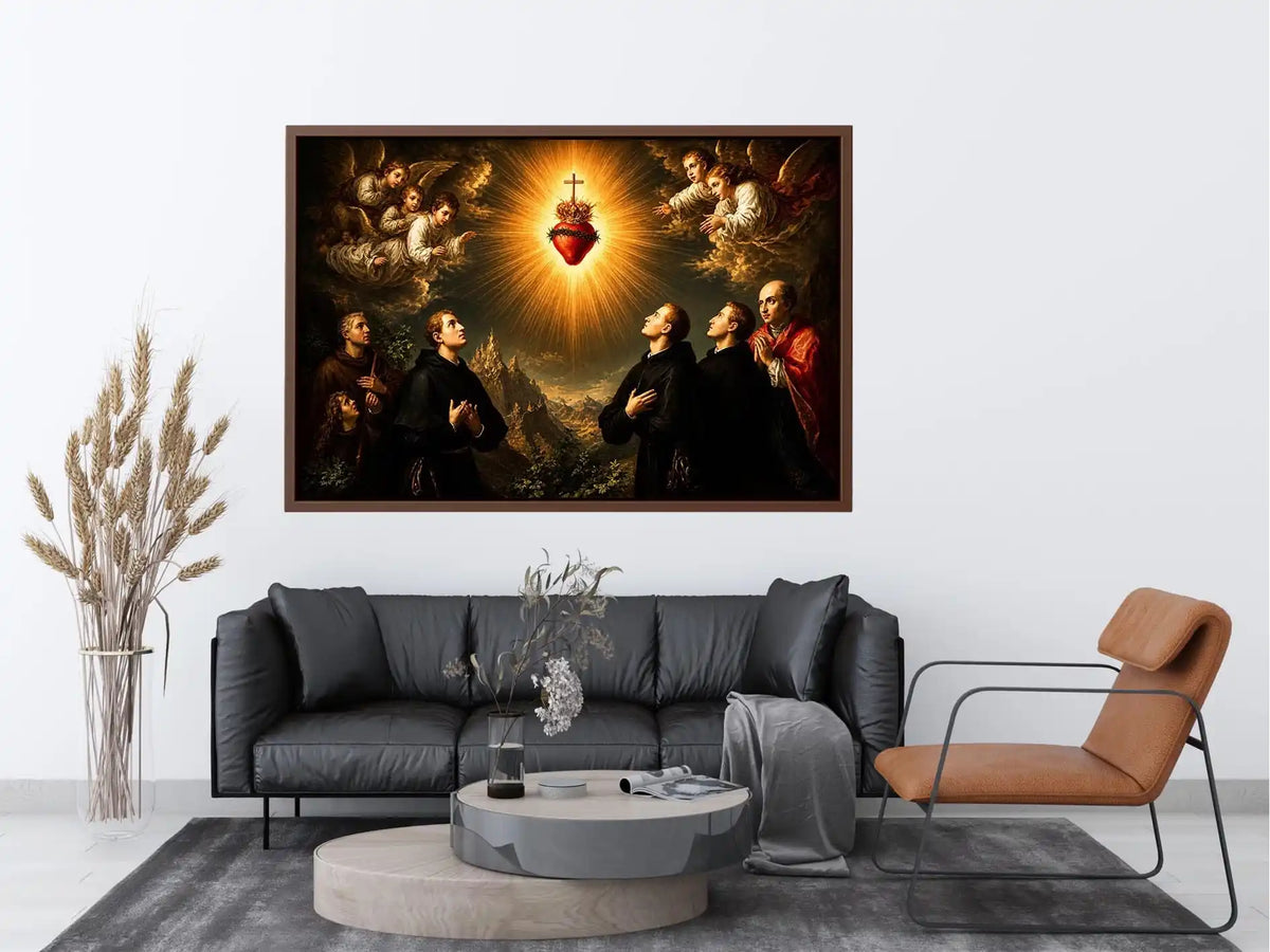 Radiant Sacred Heart surrounded by angels and saints in heavenly golden light baroque renaissance religious wall art canvas print