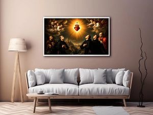 Radiant Sacred Heart surrounded by angels and saints in heavenly golden light baroque renaissance religious wall art canvas print