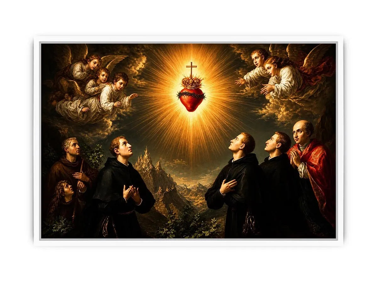 Radiant Sacred Heart surrounded by angels and saints in heavenly golden light baroque renaissance religious wall art canvas print