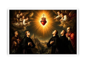 Radiant Sacred Heart surrounded by angels and saints in heavenly golden light baroque renaissance religious wall art canvas print