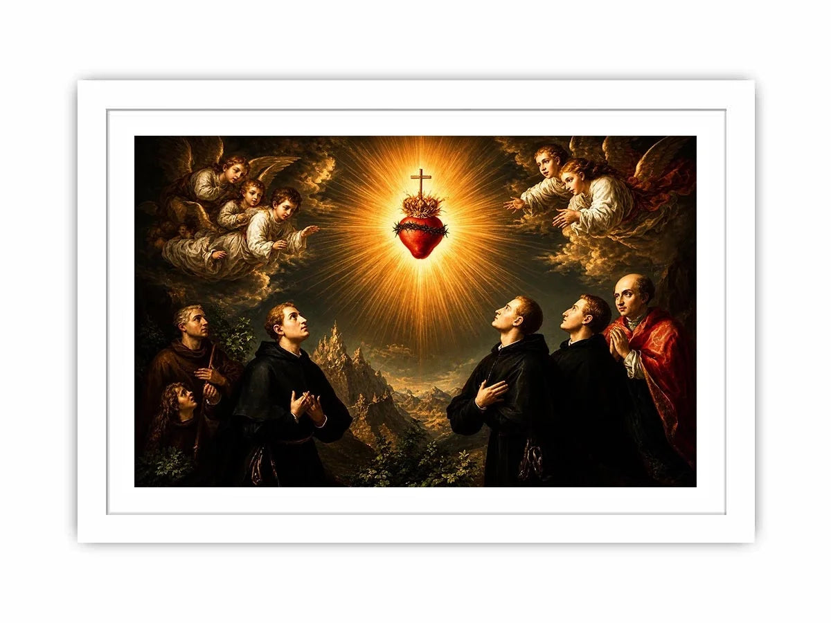 Radiant Sacred Heart surrounded by angels and saints in heavenly golden light baroque renaissance religious wall art canvas print