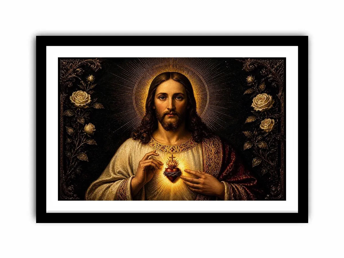 Sacred Heart of Jesus wall art with glowing divine heart and ornate black gold renaissance religious painting