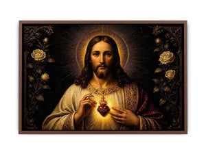Sacred Heart of Jesus wall art with glowing divine heart and ornate black gold renaissance religious painting
