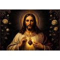 Sacred Heart of Jesus wall art with glowing divine heart and ornate black gold renaissance religious painting