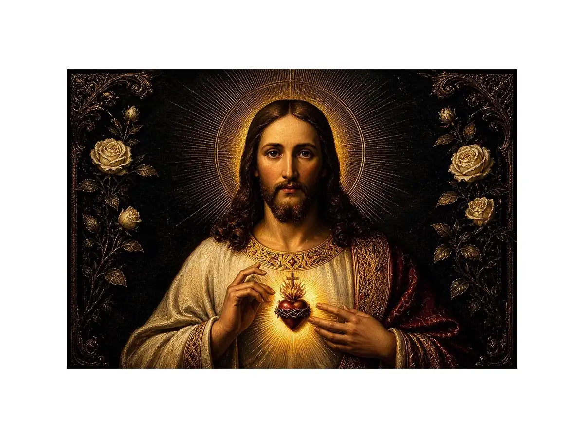 Sacred Heart of Jesus wall art with glowing divine heart and ornate black gold renaissance religious painting