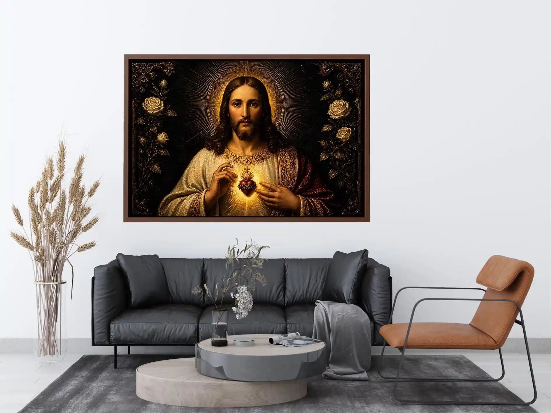Sacred Heart of Jesus wall art with glowing divine heart and ornate black gold renaissance religious painting