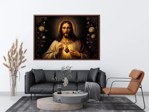 Sacred Heart of Jesus wall art with glowing divine heart and ornate black gold renaissance religious painting