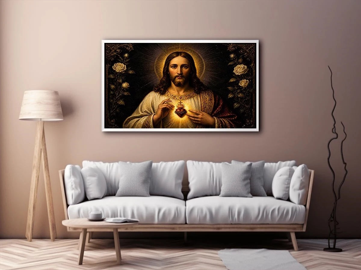 Sacred Heart of Jesus wall art with glowing divine heart and ornate black gold renaissance religious painting