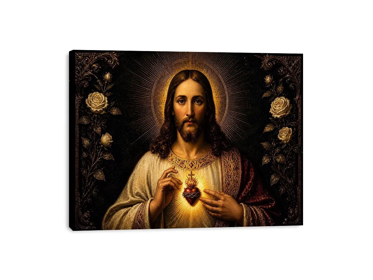 Sacred Heart of Jesus wall art with glowing divine heart and ornate black gold renaissance religious painting