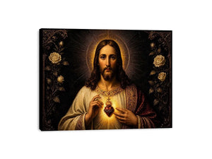 Sacred Heart of Jesus wall art with glowing divine heart and ornate black gold renaissance religious painting