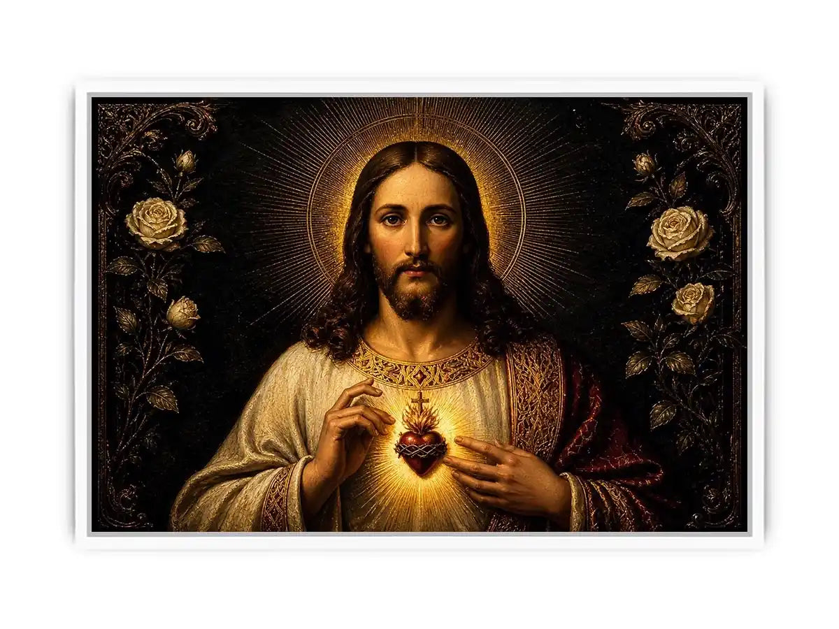 Sacred Heart of Jesus wall art with glowing divine heart and ornate black gold renaissance religious painting