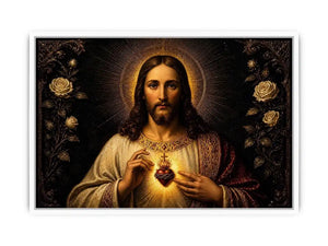 Sacred Heart of Jesus wall art with glowing divine heart and ornate black gold renaissance religious painting