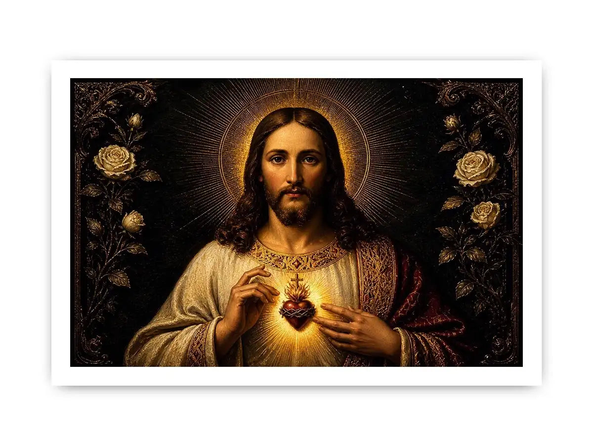 Sacred Heart of Jesus wall art with glowing divine heart and ornate black gold renaissance religious painting