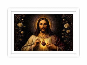Sacred Heart of Jesus wall art with glowing divine heart and ornate black gold renaissance religious painting