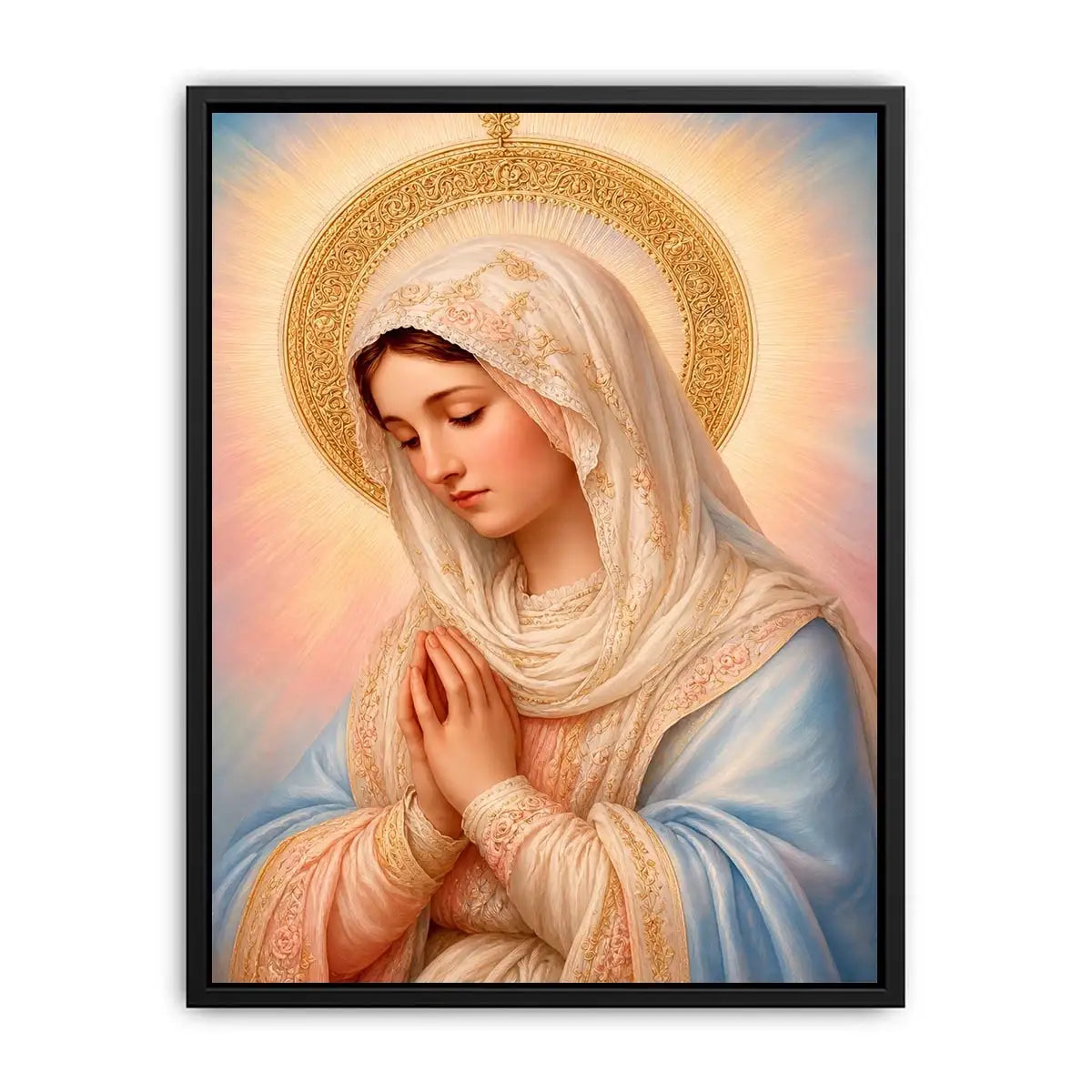 Virgin Mary prayer wall art with golden halo pastel renaissance religious canvas painting for elegant Christian home decor