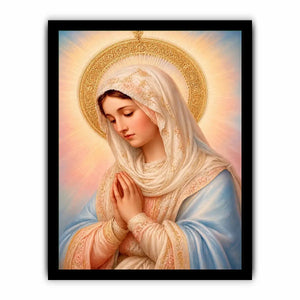 Virgin Mary prayer wall art with golden halo pastel renaissance religious canvas painting for elegant Christian home decor