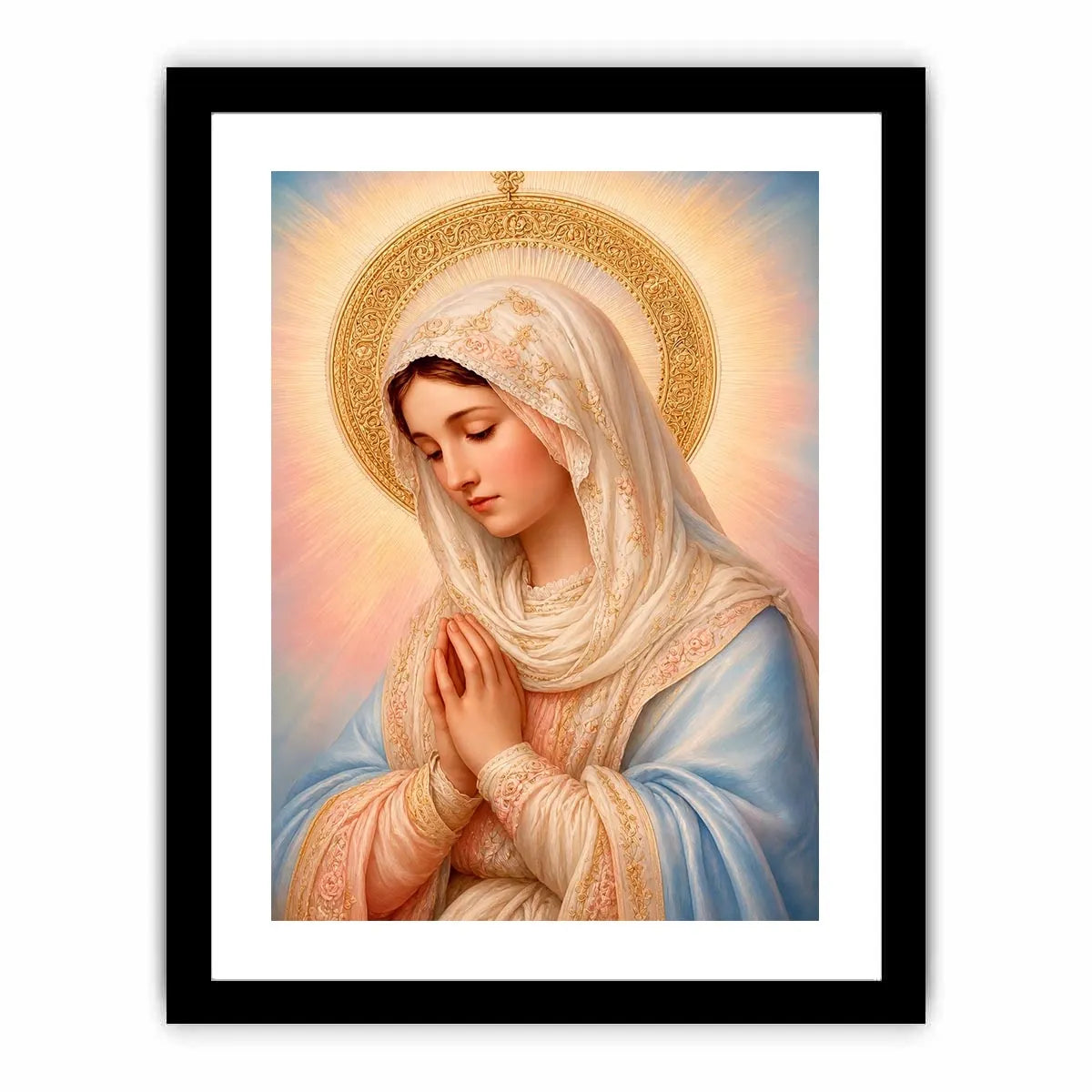 Virgin Mary prayer wall art with golden halo pastel renaissance religious canvas painting for elegant Christian home decor