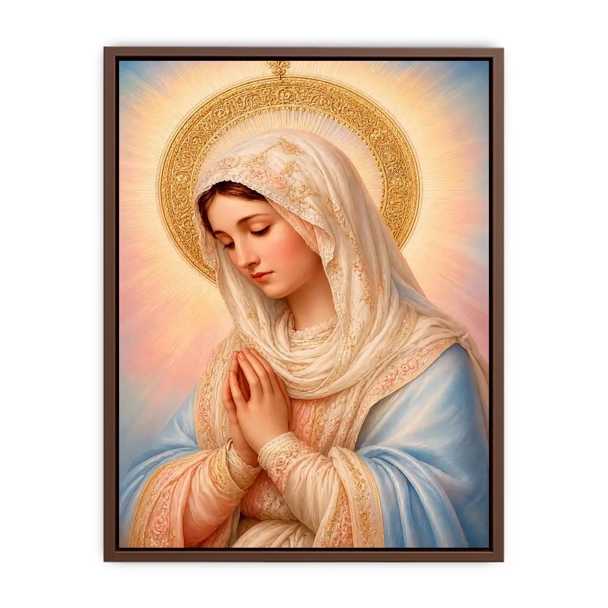 Virgin Mary prayer wall art with golden halo pastel renaissance religious canvas painting for elegant Christian home decor