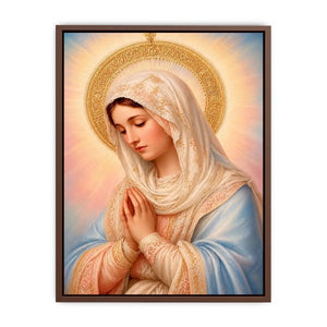 Virgin Mary prayer wall art with golden halo pastel renaissance religious canvas painting for elegant Christian home decor