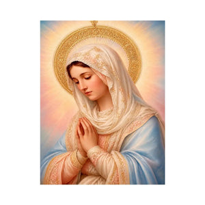 Virgin Mary prayer wall art with golden halo pastel renaissance religious canvas painting for elegant Christian home decor
