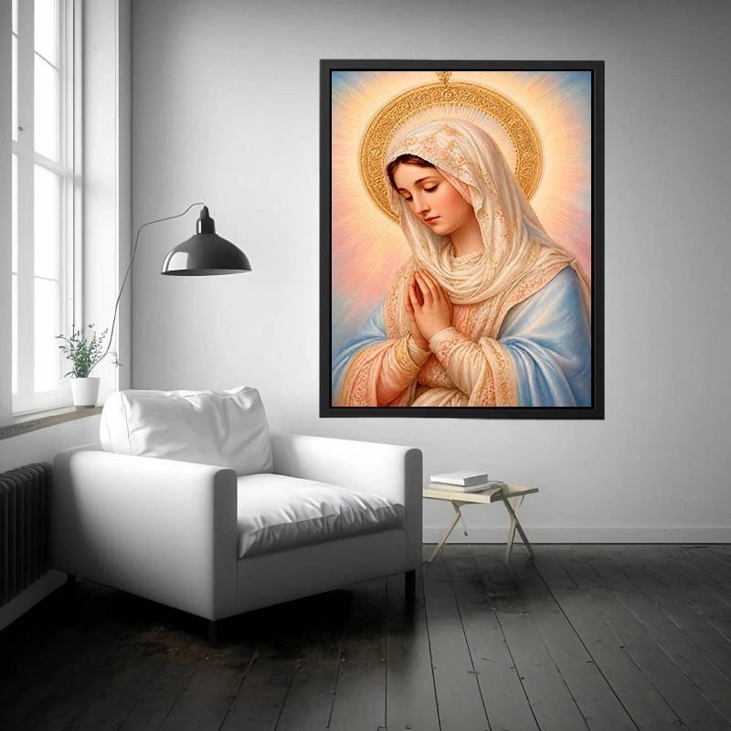 Virgin Mary prayer wall art with golden halo pastel renaissance religious canvas painting for elegant Christian home decor