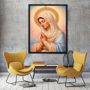 Virgin Mary prayer wall art with golden halo pastel renaissance religious canvas painting for elegant Christian home decor