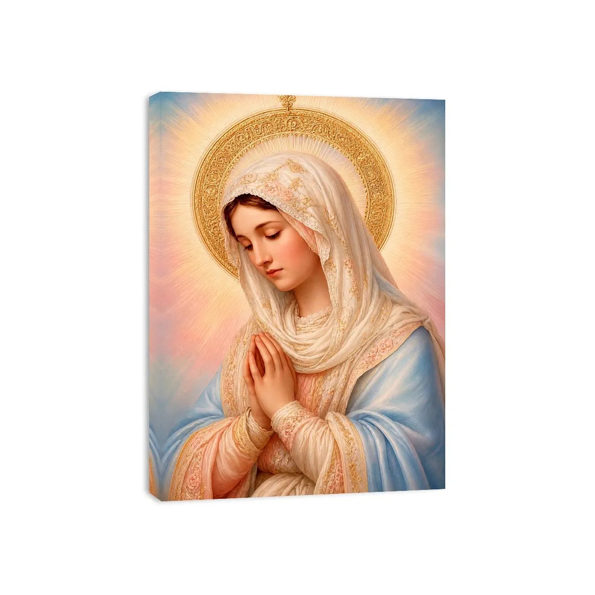 Virgin Mary prayer wall art with golden halo pastel renaissance religious canvas painting for elegant Christian home decor