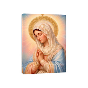 Virgin Mary prayer wall art with golden halo pastel renaissance religious canvas painting for elegant Christian home decor
