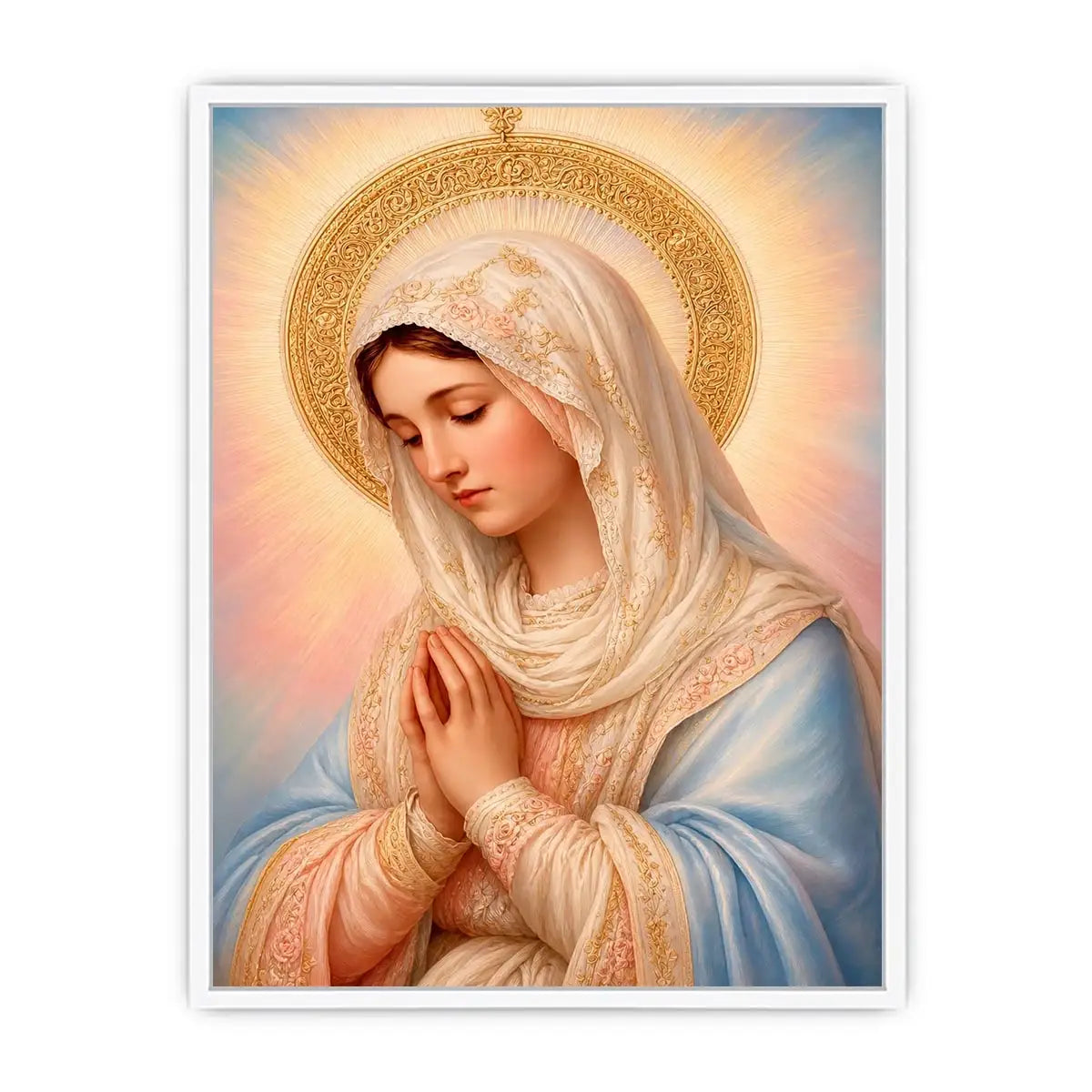 Virgin Mary prayer wall art with golden halo pastel renaissance religious canvas painting for elegant Christian home decor