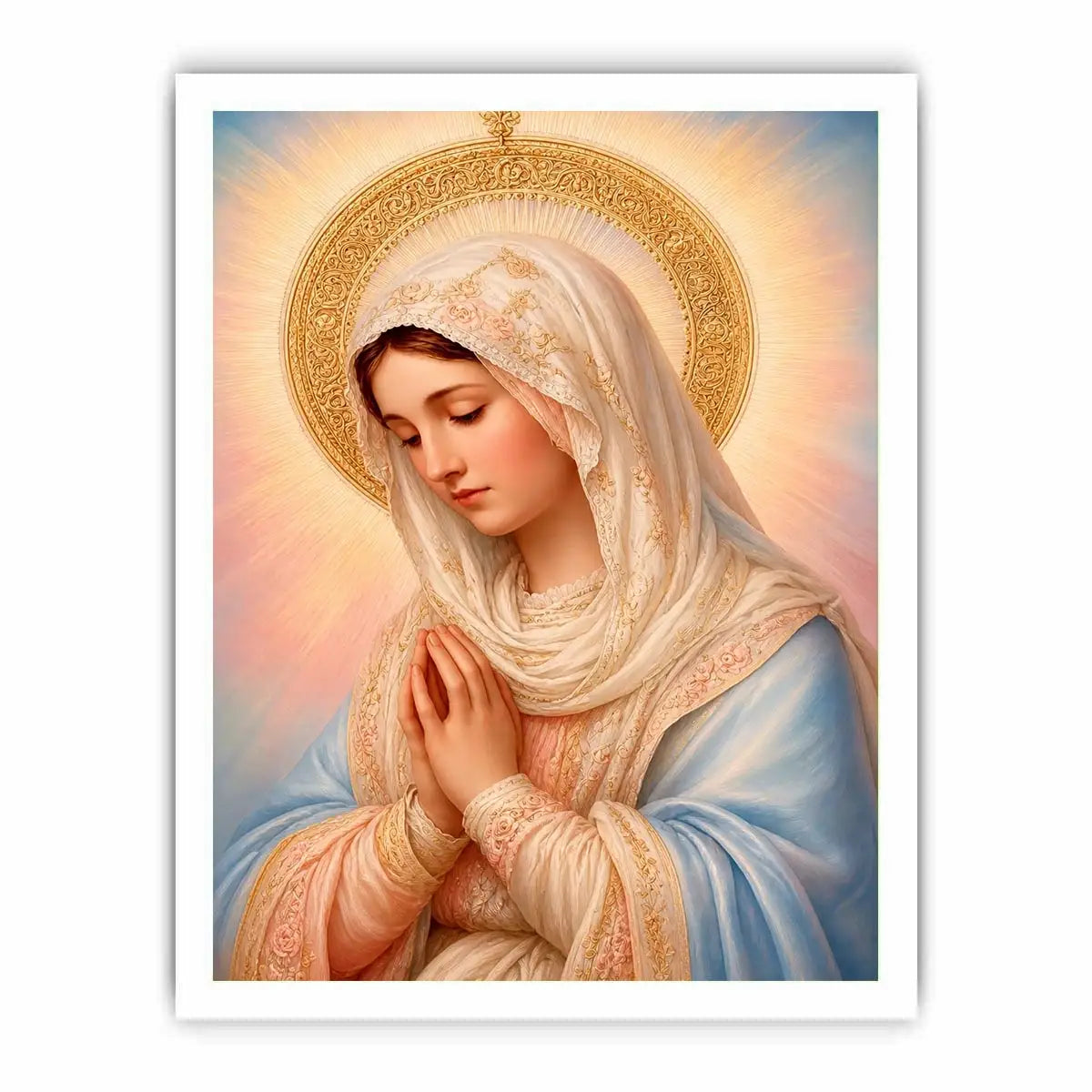 Virgin Mary prayer wall art with golden halo pastel renaissance religious canvas painting for elegant Christian home decor