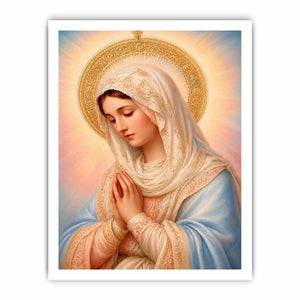 Virgin Mary prayer wall art with golden halo pastel renaissance religious canvas painting for elegant Christian home decor