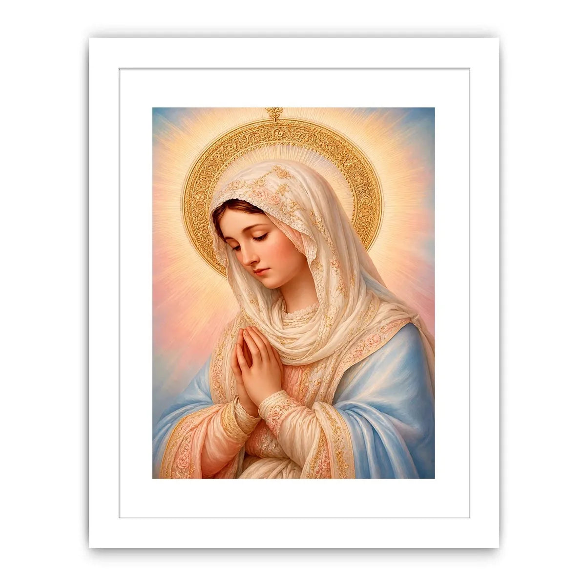 Virgin Mary prayer wall art with golden halo pastel renaissance religious canvas painting for elegant Christian home decor