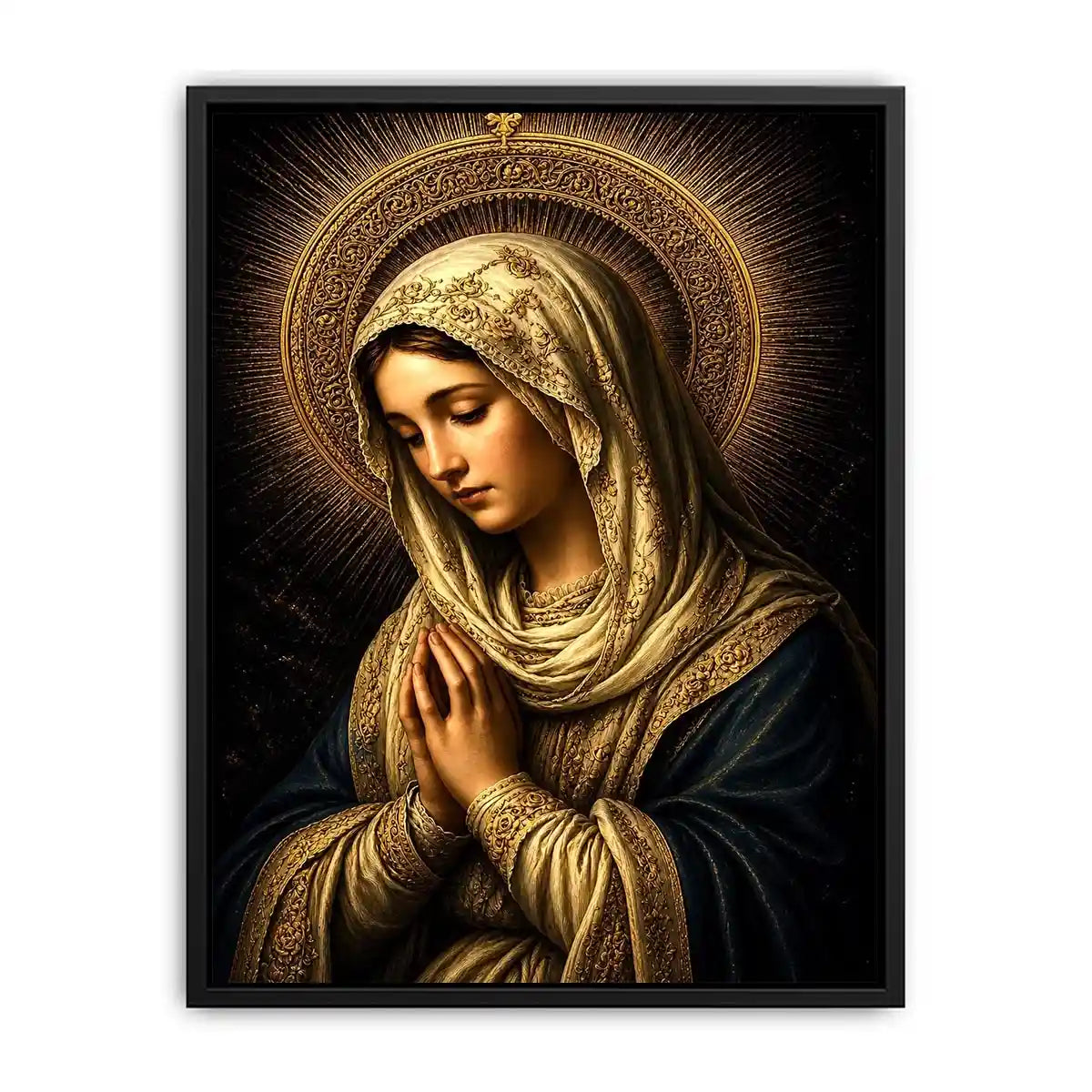Virgin Mary prayer wall art with glowing gold halo dark renaissance Christian canvas painting for luxury spiritual decor